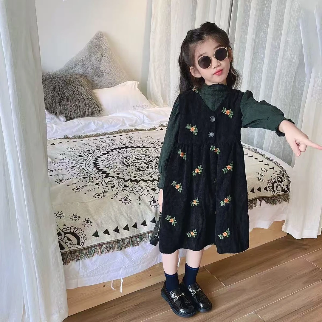 9278女童连衣裙春秋季儿童灯芯绒背带裙女宝宝洋气背心裙长袖碎花