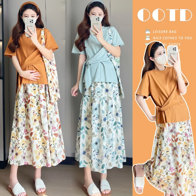 <邮费补贴>孕妇装夏季褶皱宽松T恤碎花半身裙孕妈时尚穿搭套装