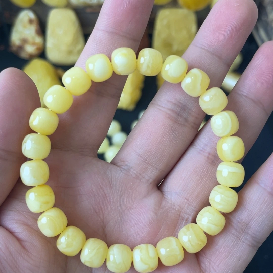 琥珀未镶嵌手串9+俄料浓蜡黄白花精工老型手串