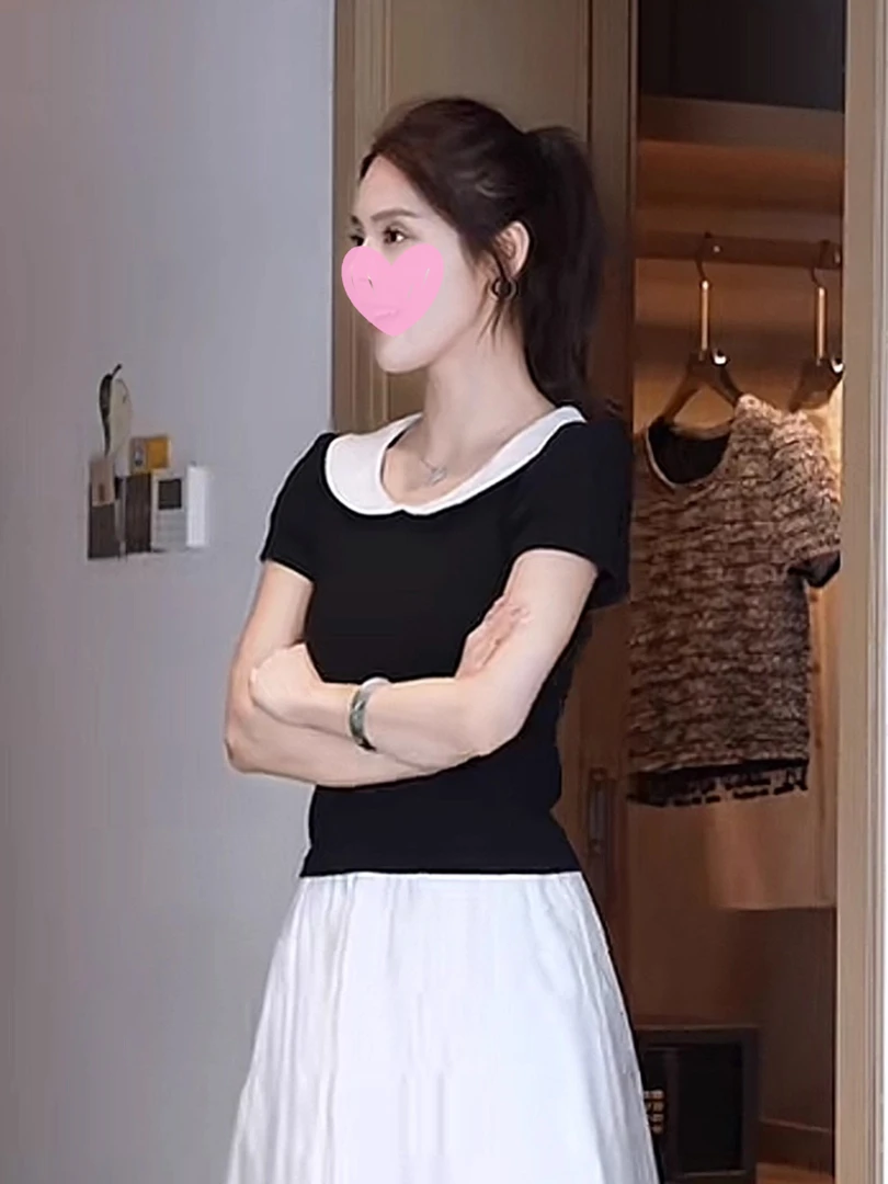 张元一同款女装法式黑色娃娃领气质上衣女短款赫本风T恤夏季短袖
