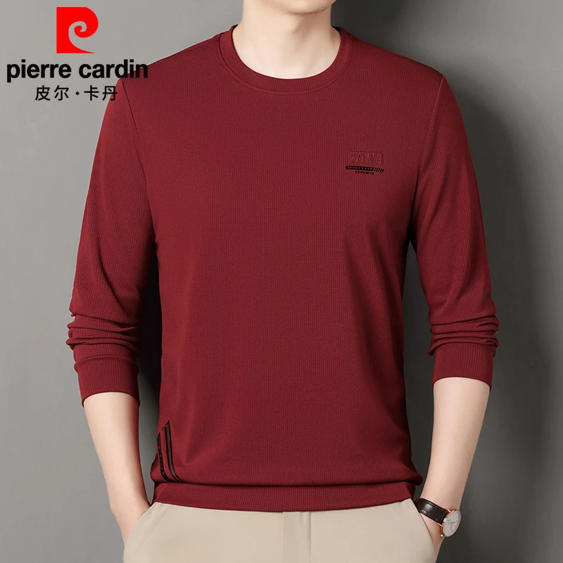 皮尔卡丹春秋圆领T恤男长袖休闲纯色套头安哥拉红薄款毛衫男宽松