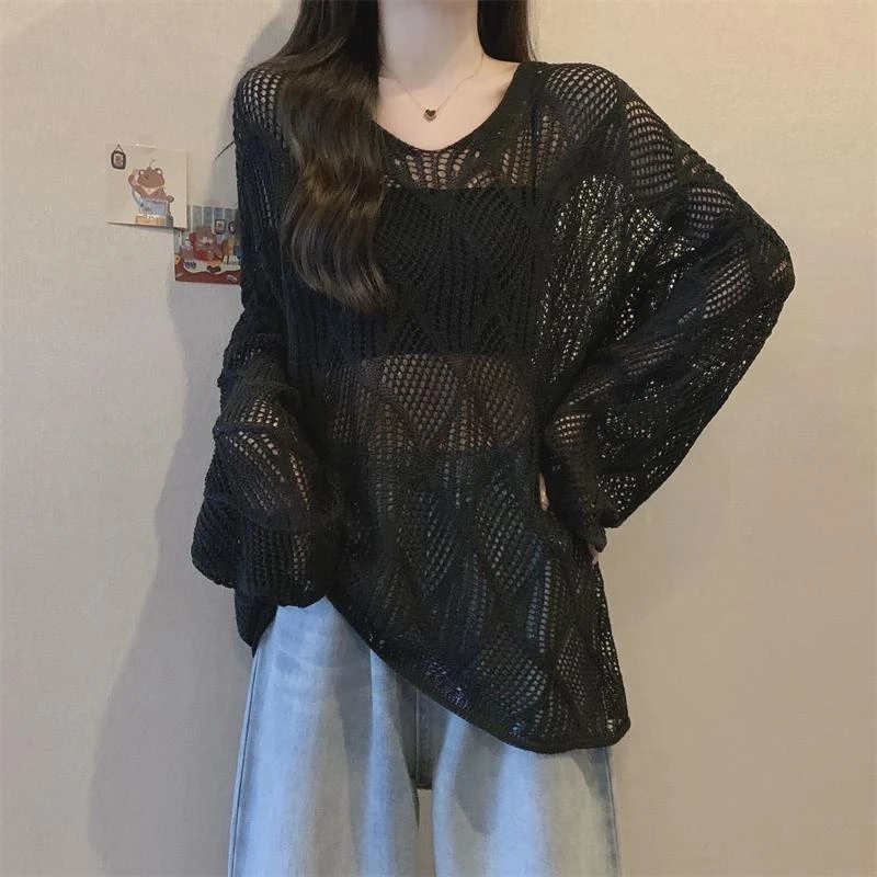 大码慵懒风V领镂空长袖防晒衫女夏薄款胖mm宽松显瘦针织罩衫上衣