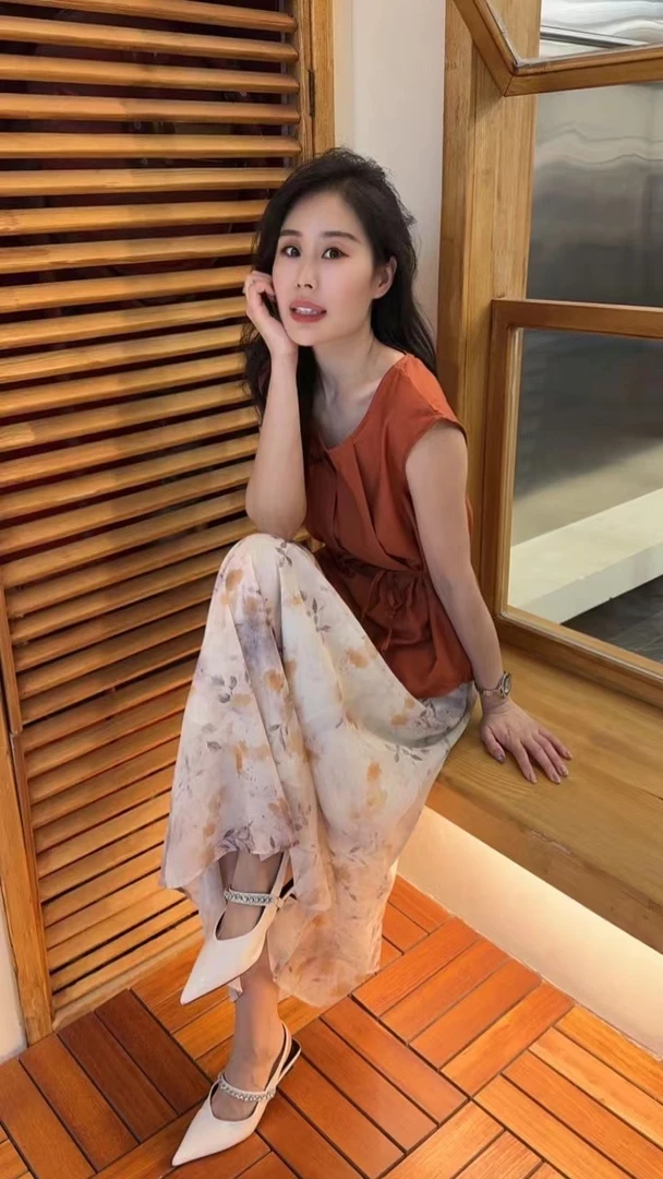 Miss huo 无袖T恤半身裙套装 A 桔色 8813