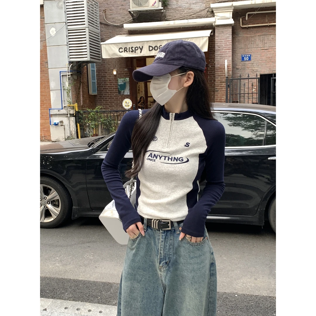 秋季韩版半高领拉链美式复古撞色插肩刺绣长袖T恤女上衣春秋显瘦