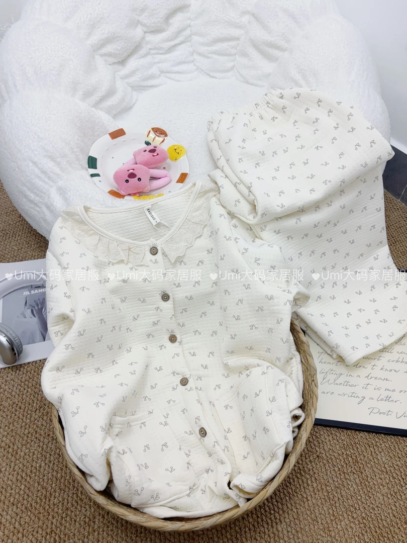 大码睡衣女冬季夹层保暖娃娃领可爱印花宽松加肥加大版带口袋套装