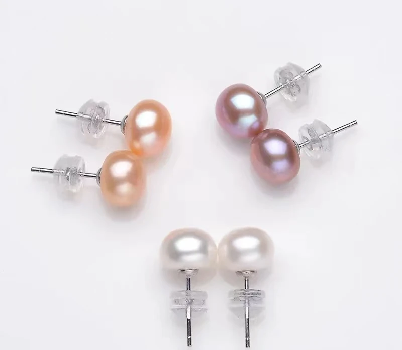 【到手3对】 S925银 淡水无核耳钉（粉、紫、白）6-7mm左右 E01
