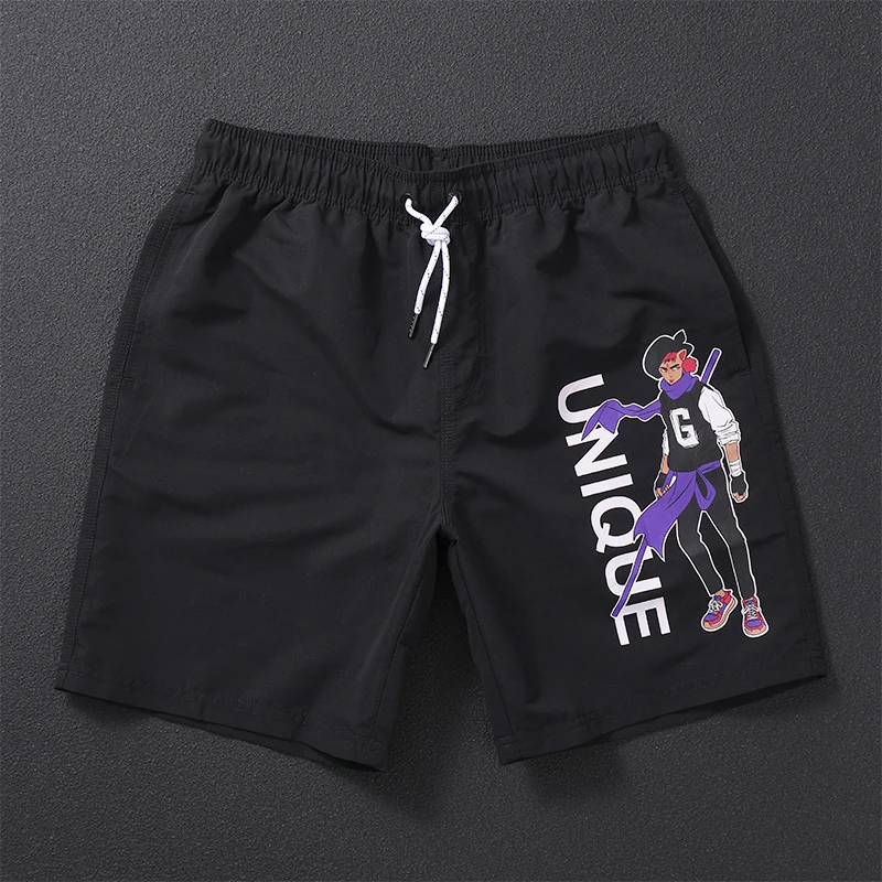 男士休闲裤速干可下水军绿色裤衩潮流印花五分裤海边度假穿短裤男