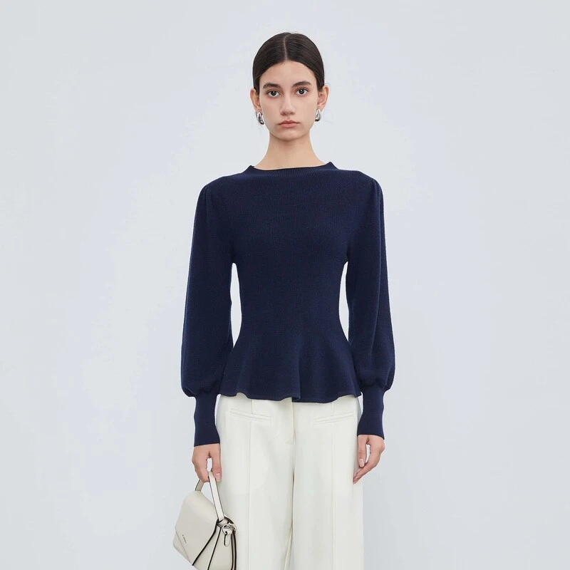 【粉丝专享】sdeer圣迪奥百搭复古罗纹圆领荷叶边针织衫s23483507