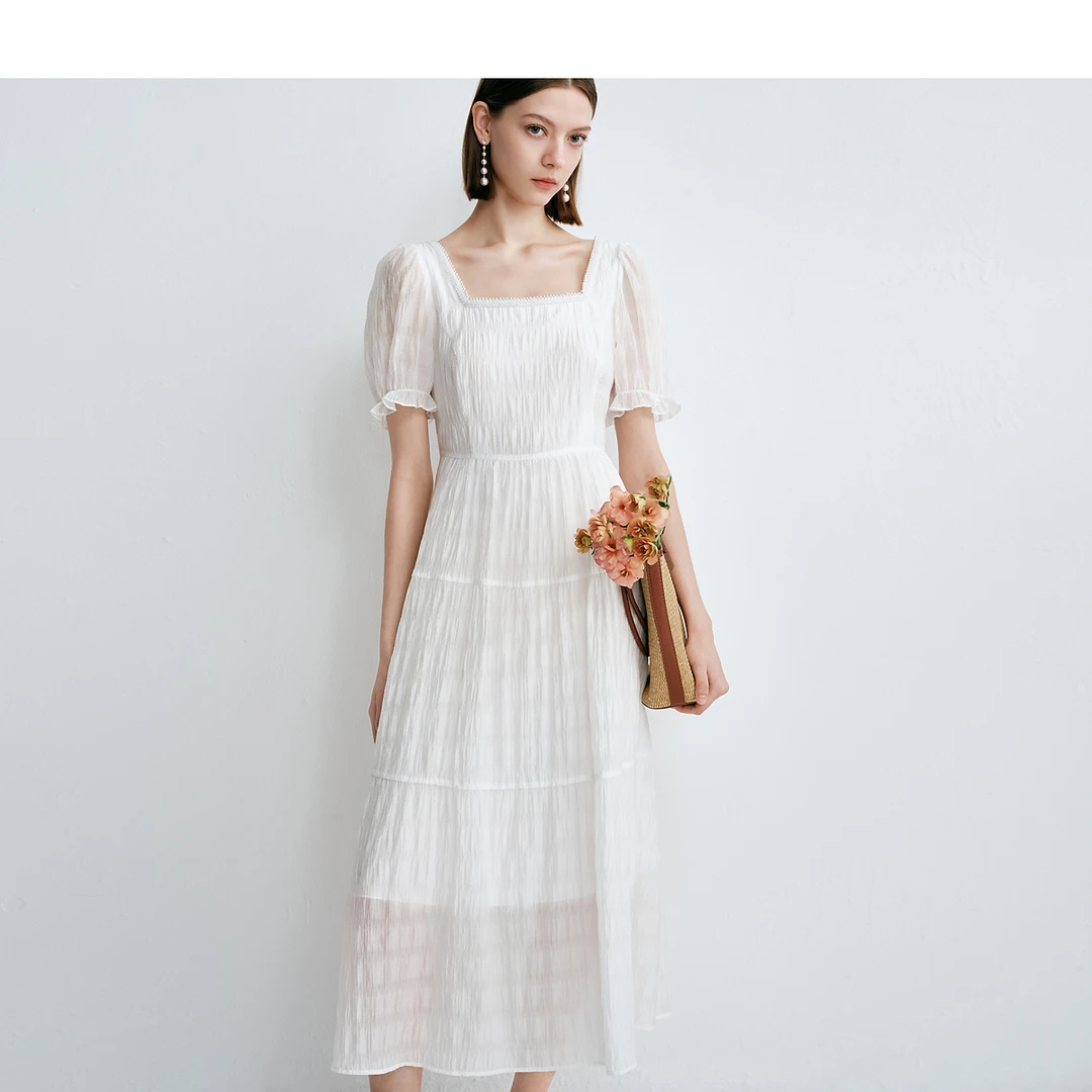 迪赛尼斯夏季高级感通勤风小众肌理感白色短袖方领连衣裙