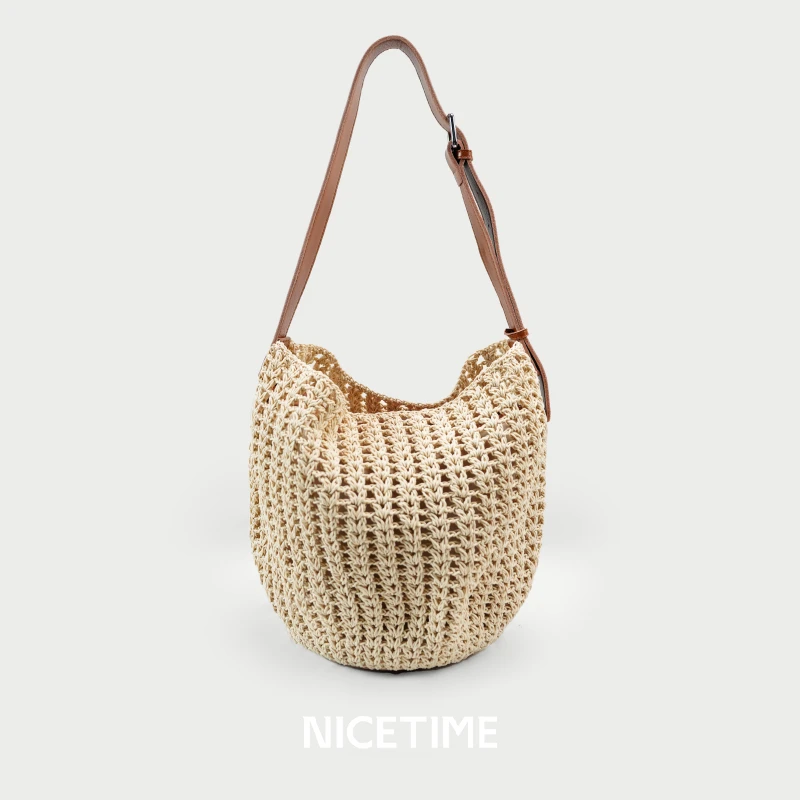 NICETIME极简百搭水桶包女士单肩斜挎包夏日限定蜡线编织包