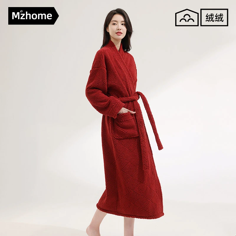新款睡袍女秋冬款情侣本命年红色家居服男士睡衣珊瑚绒浴袍加长款