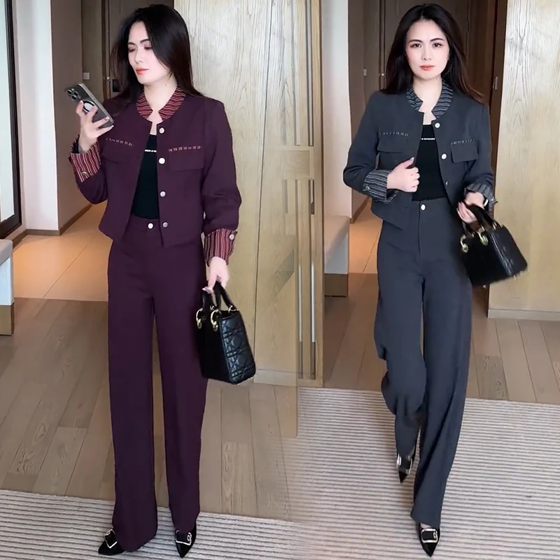 时尚套装女2025秋季新款洋气减龄显瘦长袖短款外套阔腿裤两件套潮