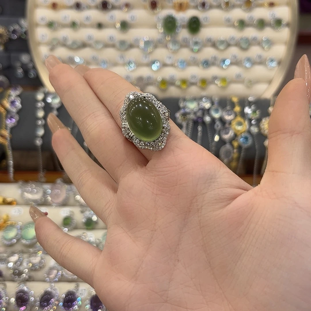 蛇纹石玉银S925镶嵌女款再*遇戒指