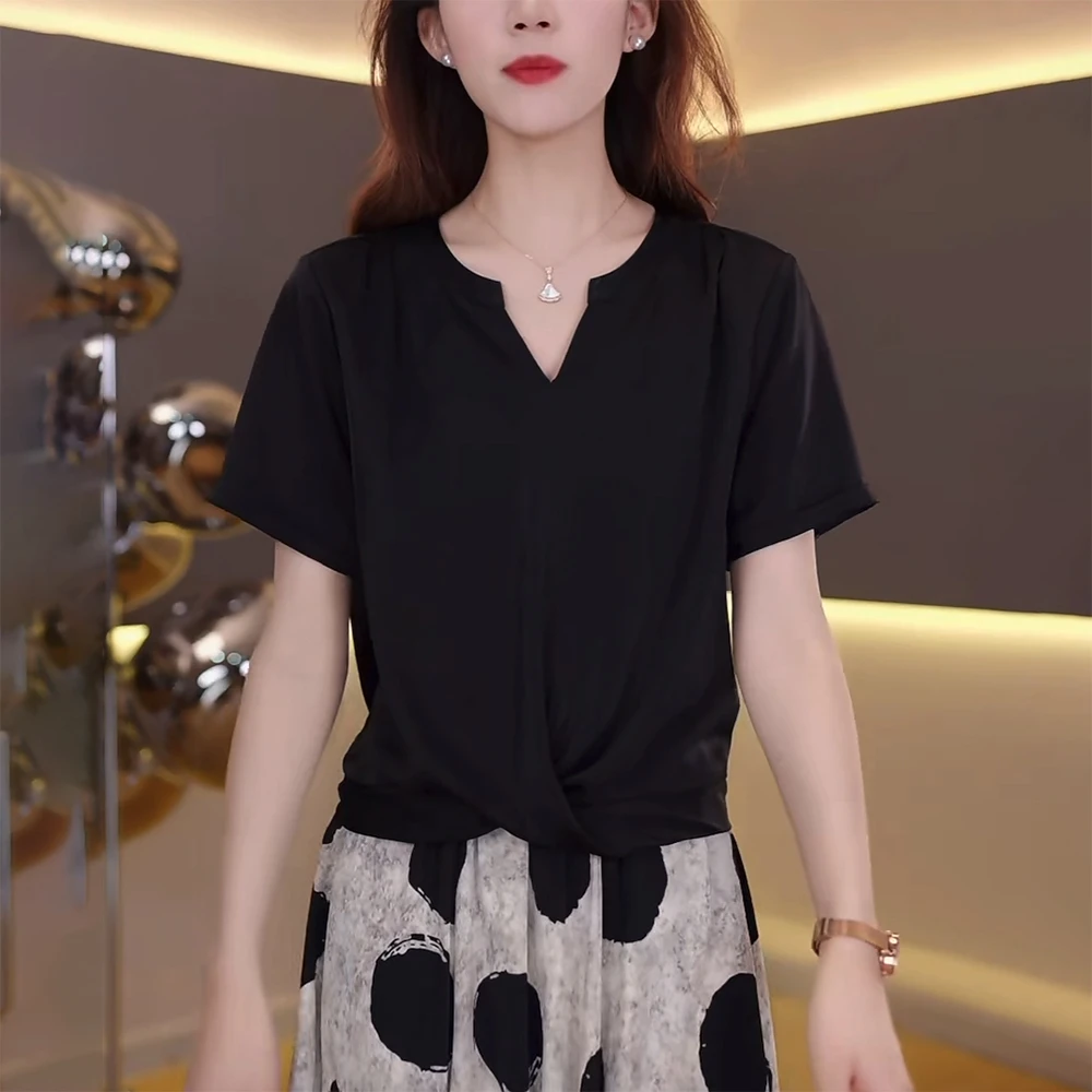 黑色休闲v领衬衫女士2025夏季高级感减龄洋气时尚扭结设计感上衣
