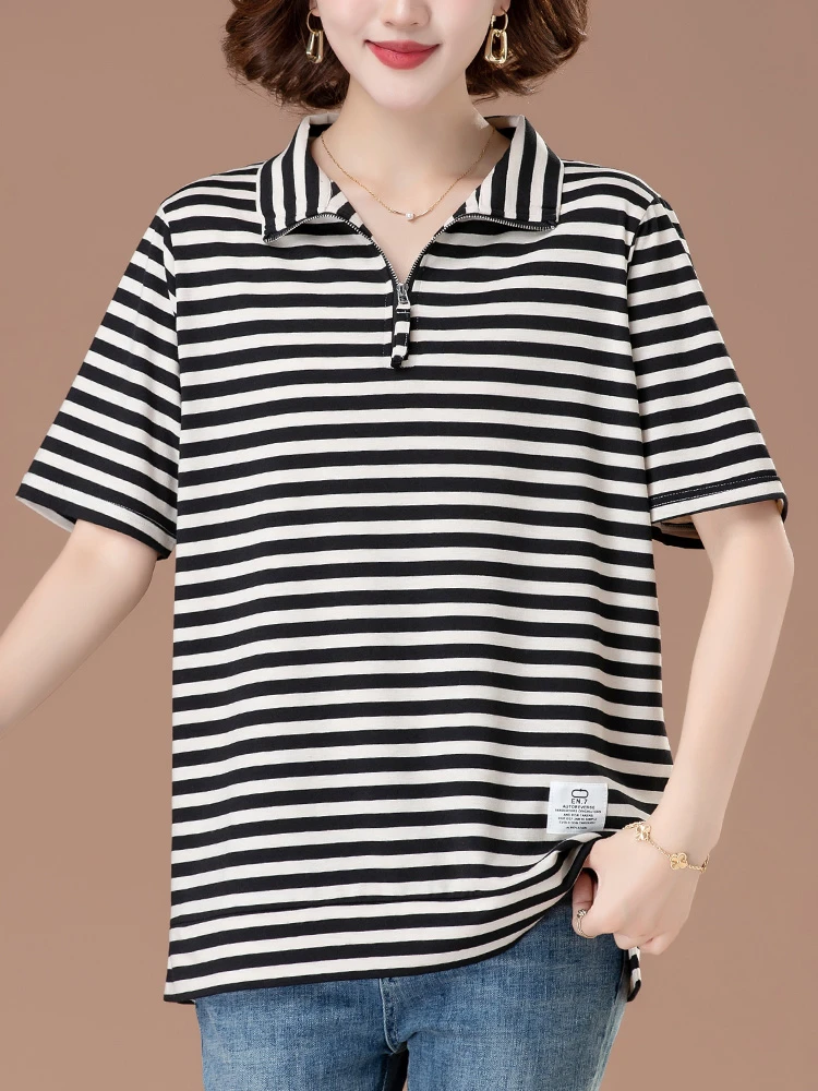 中年妈妈夏装翻领体恤夏季新款大码宽松全棉有领条纹短袖t恤女薄