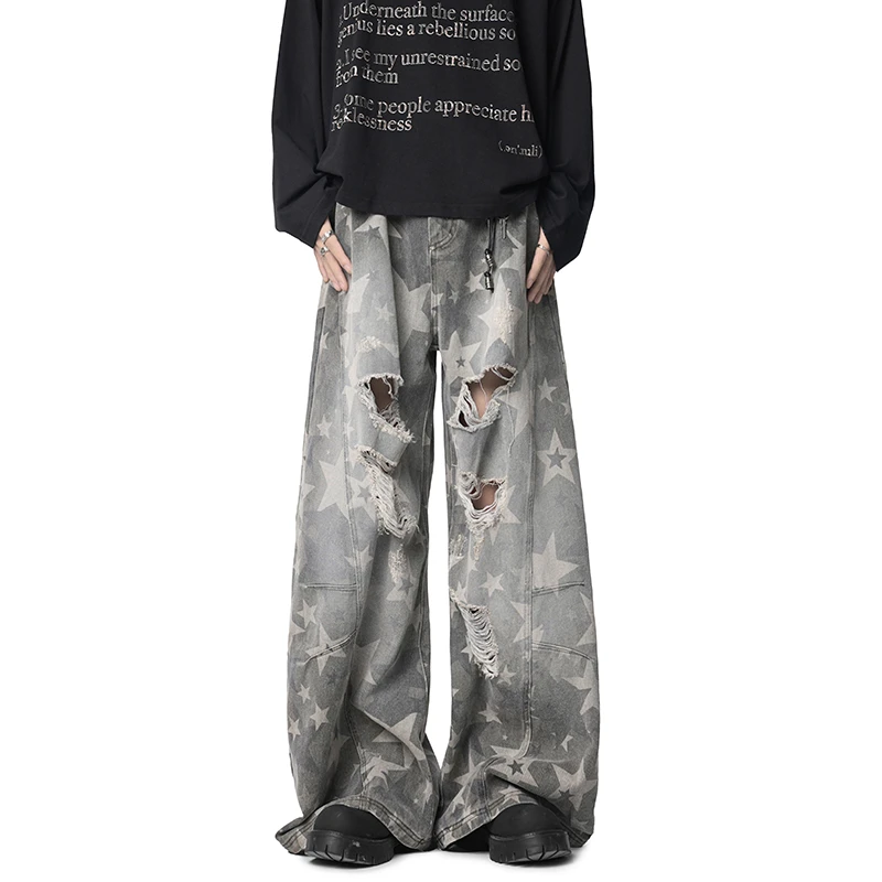 美式复古星星破洞设计感休闲裤宽松阔腿直筒长裤男女牛仔裤痞帅