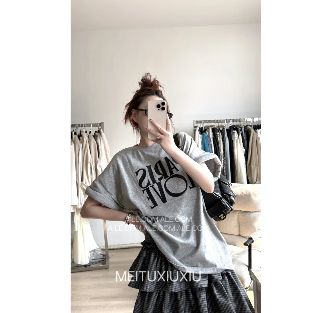 【阿乐家】大码微胖“巴黎迷妹”设计感小众卷袖印花宽松短袖T恤