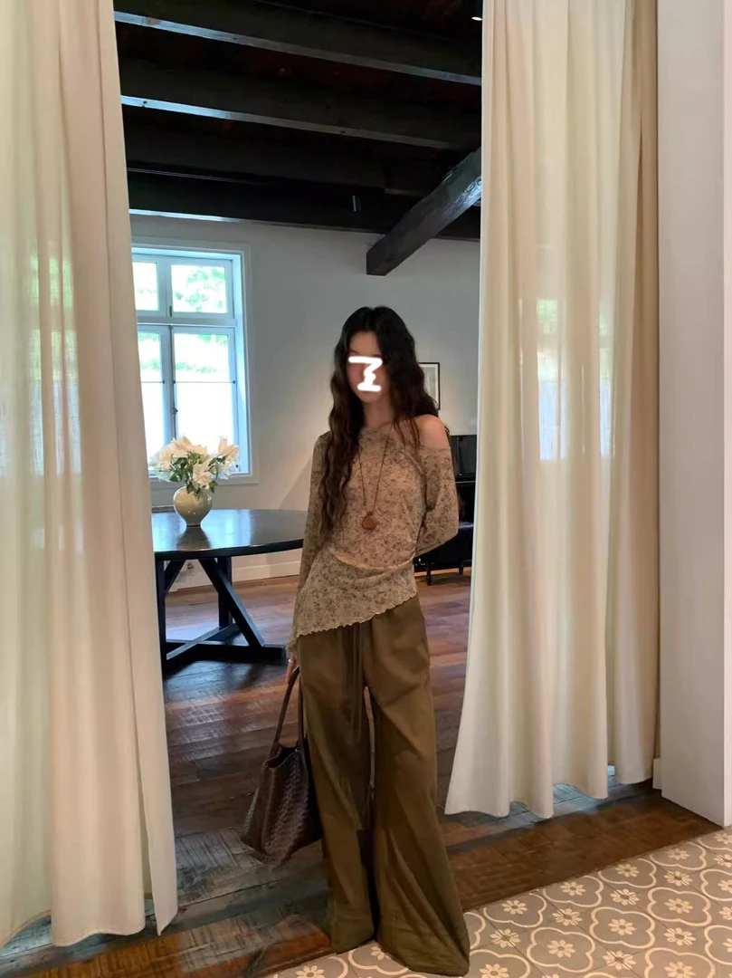 韩系辣妹穿搭套装晕染不规则长袖针织衫女装秋季抽绳休闲裤两件套