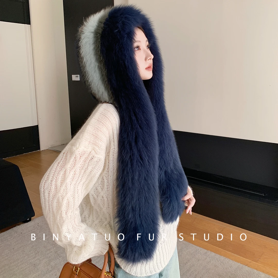 走秀款普鲁士蓝~狐狸毛风雪帽冬季保暖旅行围巾帽子真皮草披肩女