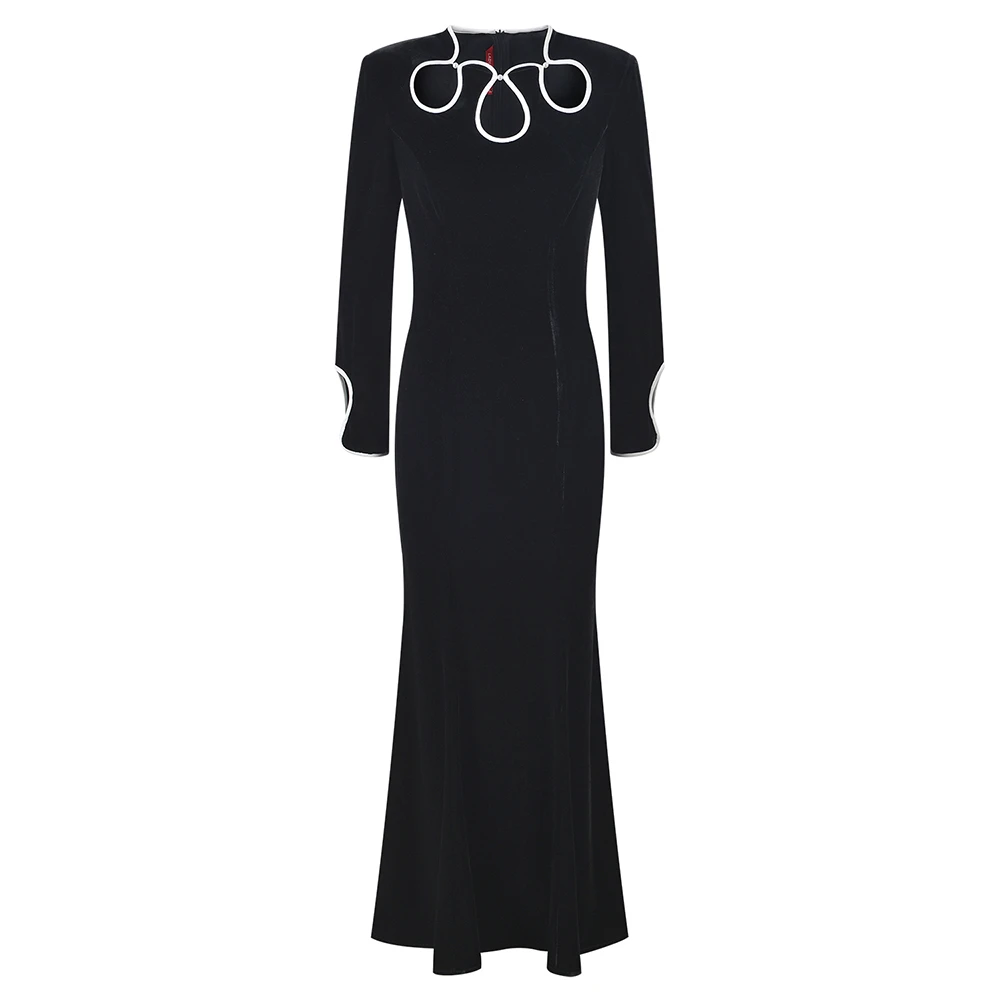 LADYPOWER黑色丝绒水滴型圆领旗袍裙74680I