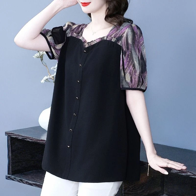 大码女装气质衬衫女2025夏季新款方领印花排扣上衣250201