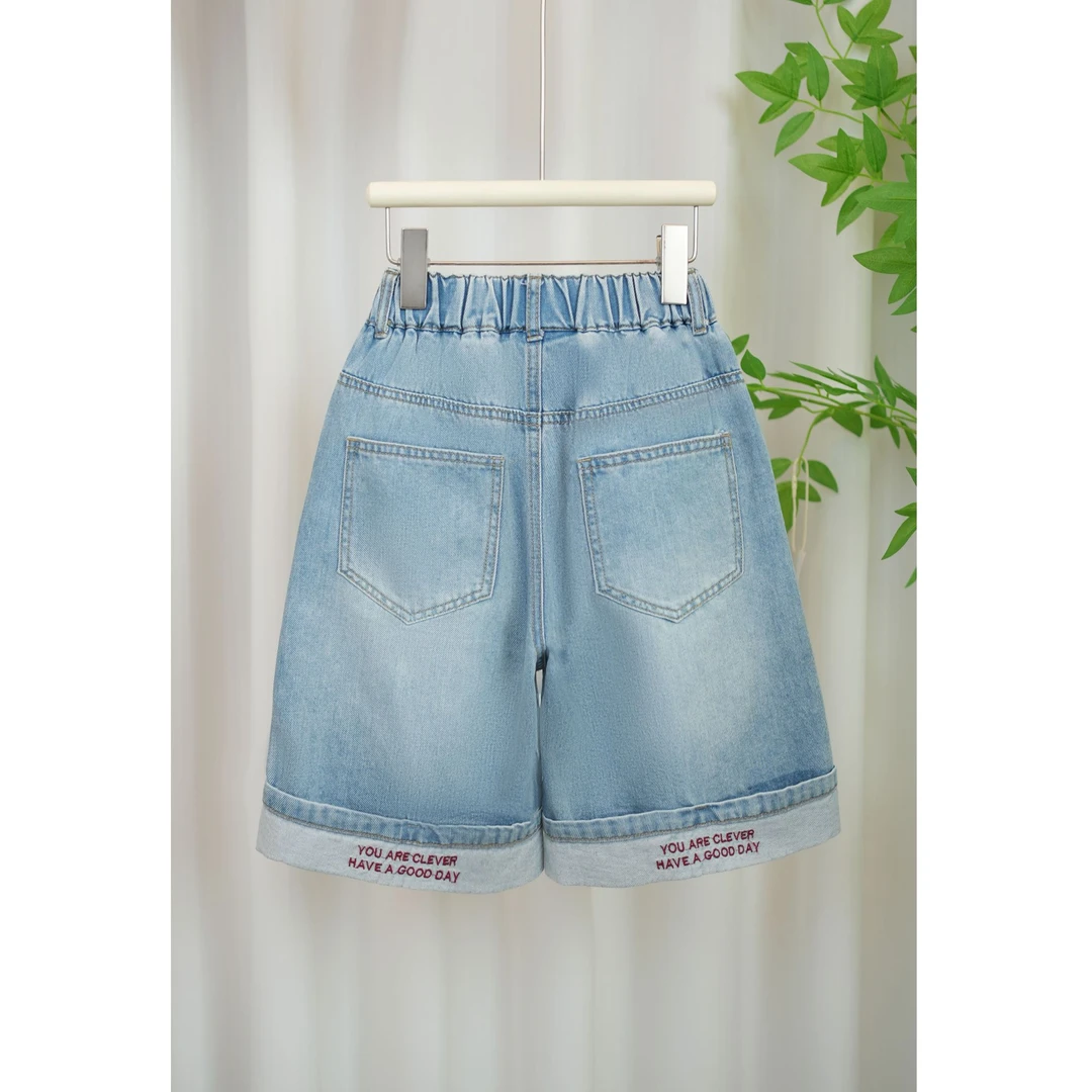 女童夏季薄款牛仔裤2025新款裤脚刺绣款中大童百搭五分牛仔裤Y037