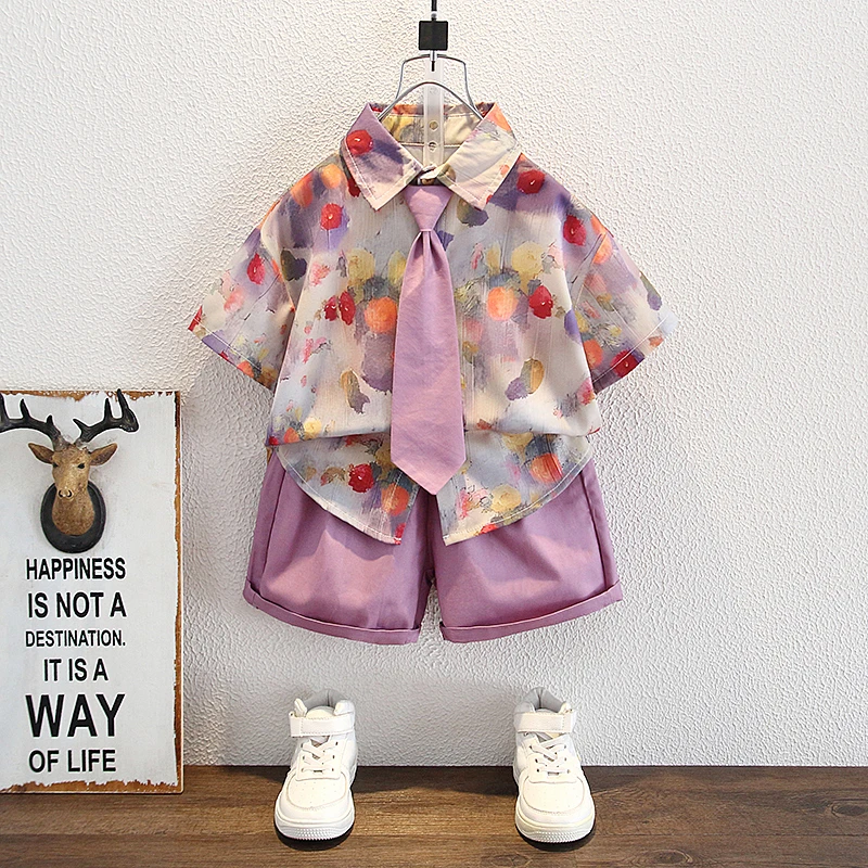男童夏装港风衬衫套装2025新款痞帅气夏季儿童装短袖