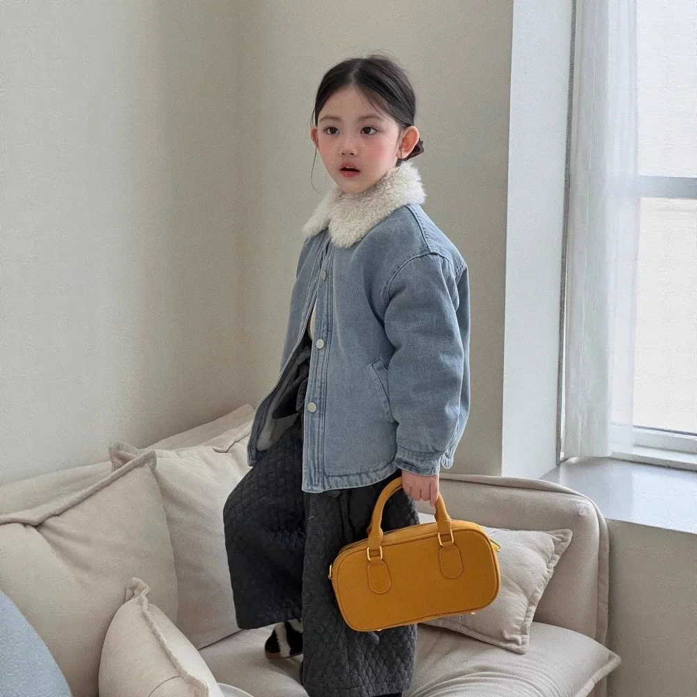 女童加绒牛仔外套休闲加厚保暖女宝宝毛领牛仔加绒加厚上衣