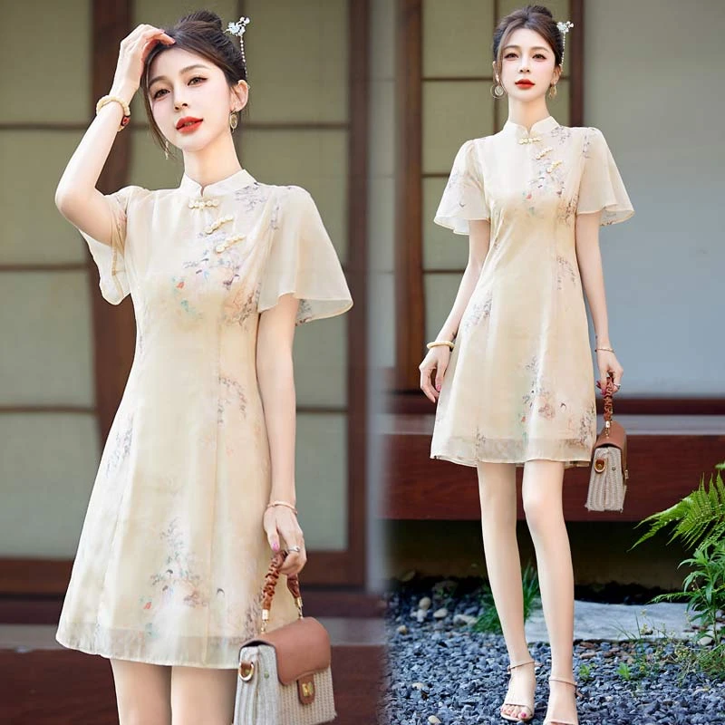 新中式连衣裙小个子女夏季高级感国风改良旗袍少女年轻款短款裙子