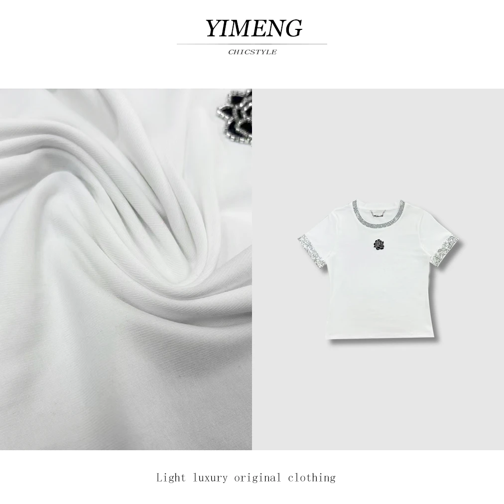 YIMENG/逸梦【时尚弄潮】夏季新款轻奢百搭重工钉珠亮片短袖气质T恤