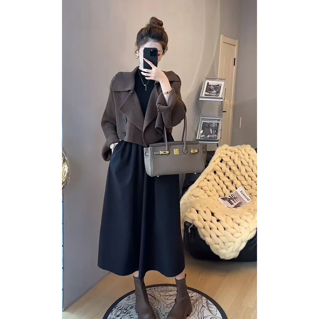 今年流行穿搭一整套2025新款翻领针织开衫中长款气质连衣裙两件套
