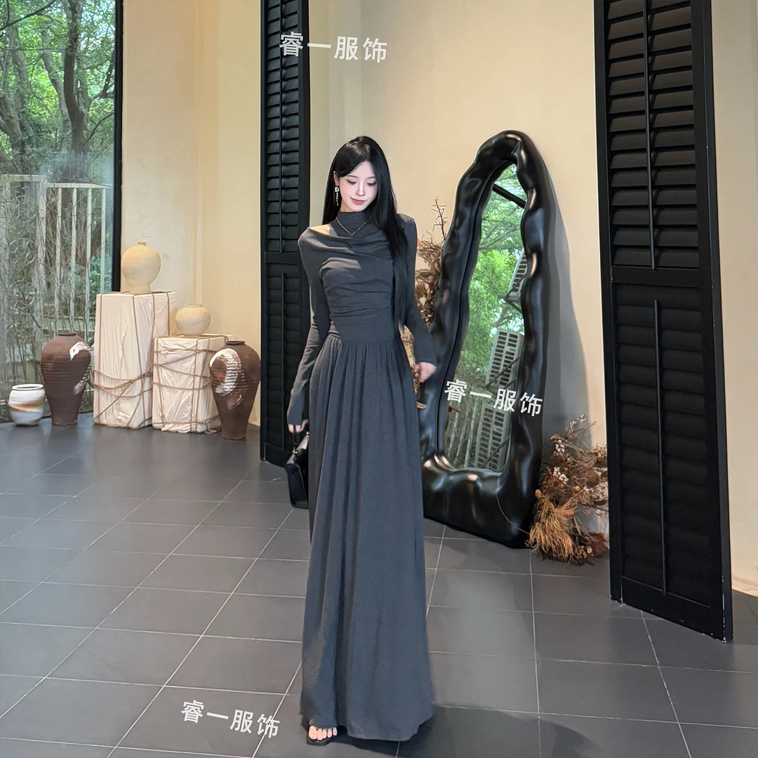 TITI 早秋新品拼接假两件一字肩长袖连衣裙A字裙女秋装显瘦