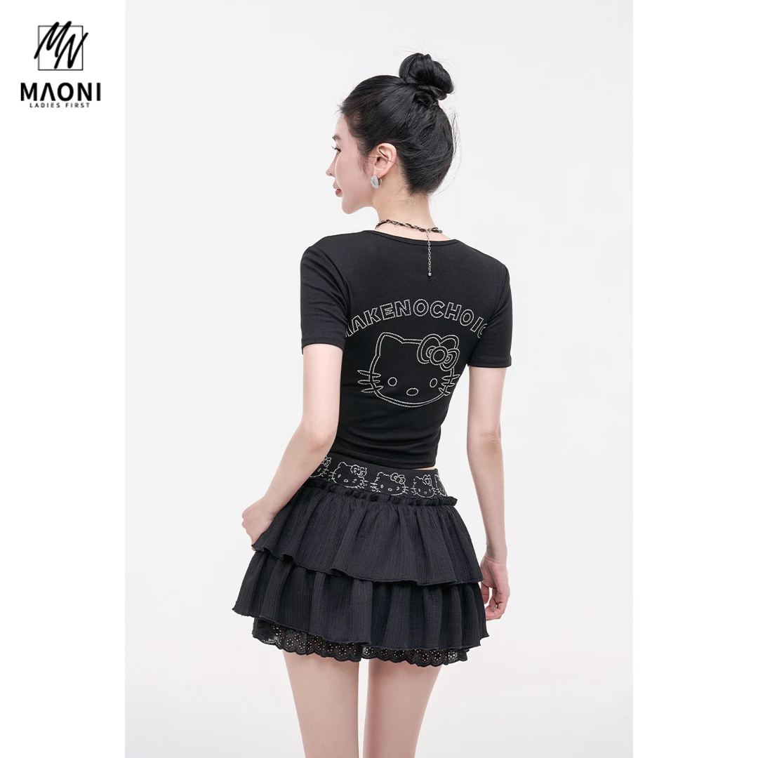 毛妮LADIESFIRST【辣妹萌风】烫钻凯蒂猫颈间串饰短袖T恤女L1871