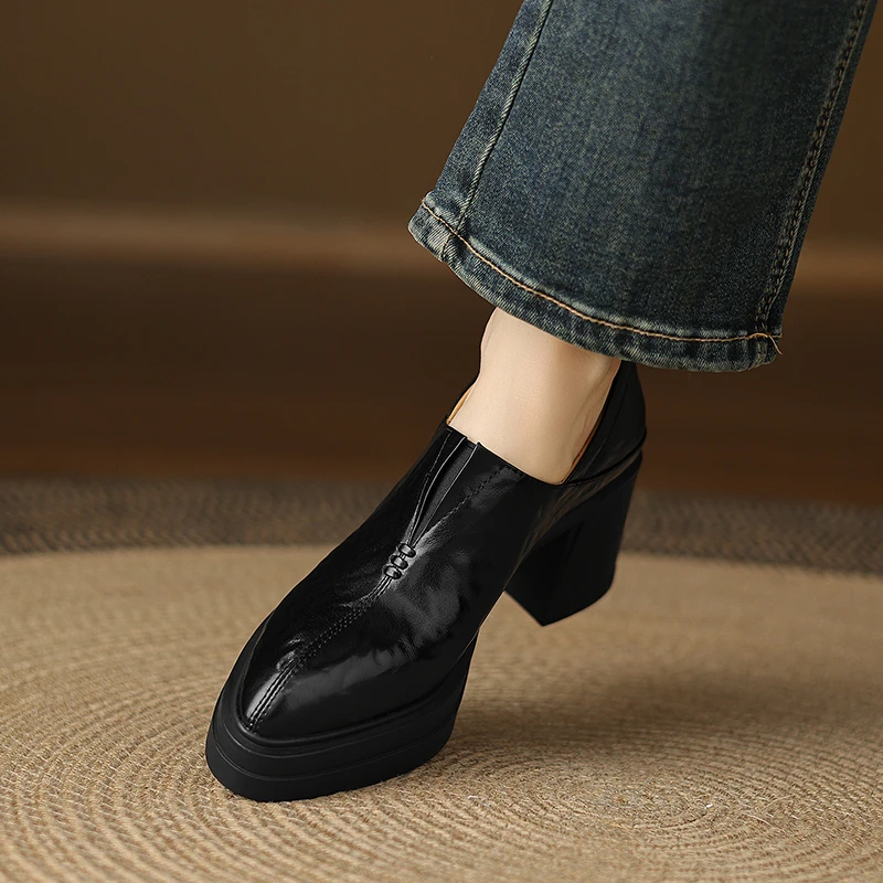 不累脚7.5cm粗跟单鞋女高级感小皮鞋高跟工作鞋厚底尖头乐福鞋秋