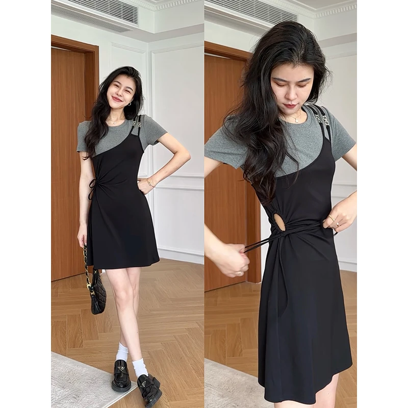 【现货】张阿星 假两件拼接镂空抽绳收腰撞色修身设计感A字连衣裙