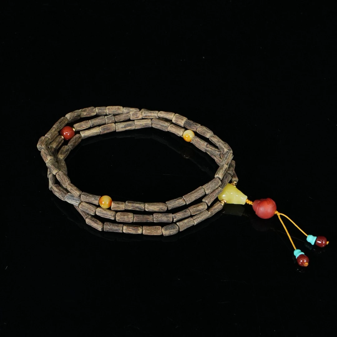 6410 印尼巴布亚沉香土沉随型沉水手串 南红 蜜蜡/13.34g