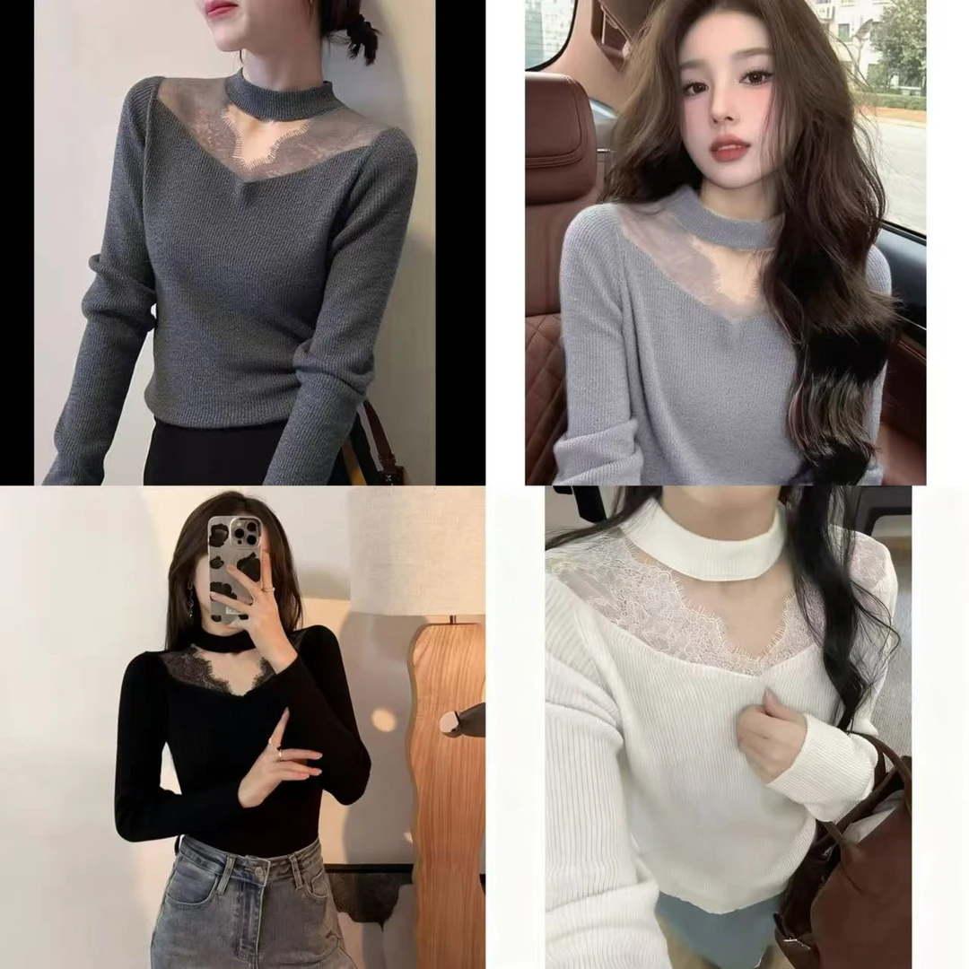 9130-（小性感）细羊毛蕾丝镂空针织衫（颜色任意）