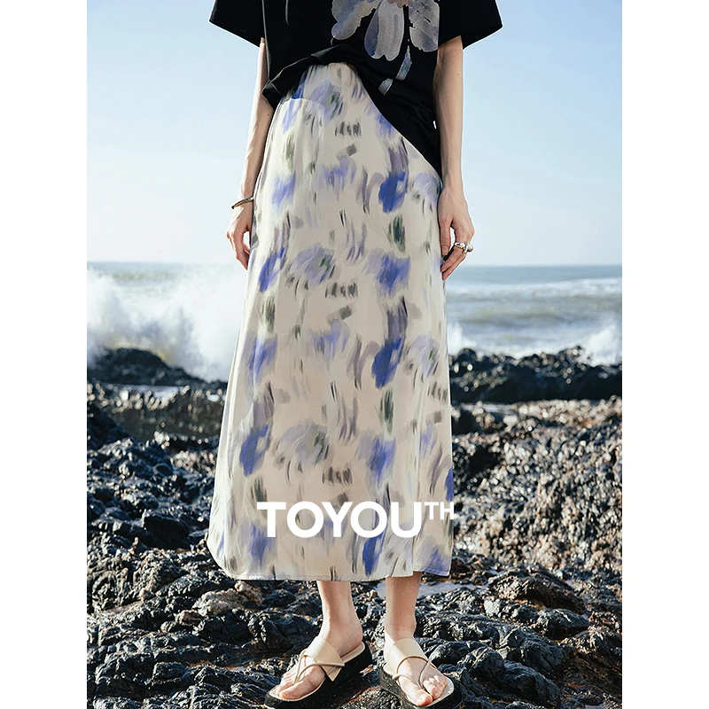 初语晕染艺术印花半身裙女25夏新玉兰轻奢缎面裙子8520012