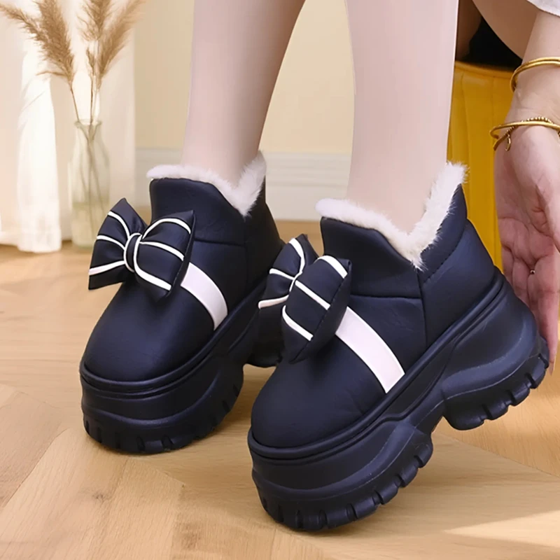 冬季新款棉鞋女生时尚蝴蝶结居家加绒厚底棉鞋舒适保暖棉鞋可外穿