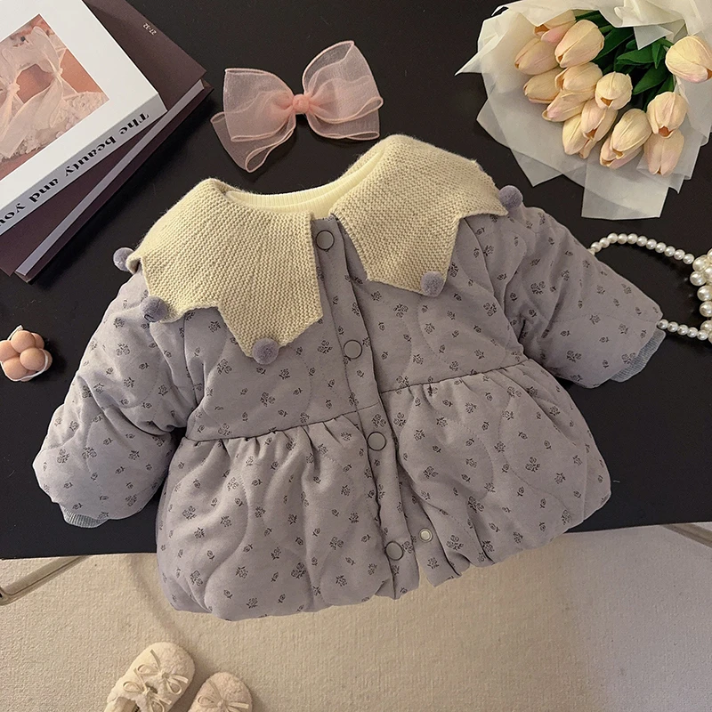 童装女童2025新款冬装女宝宝加绒加厚碎花棉衣小童韩版大翻领外套