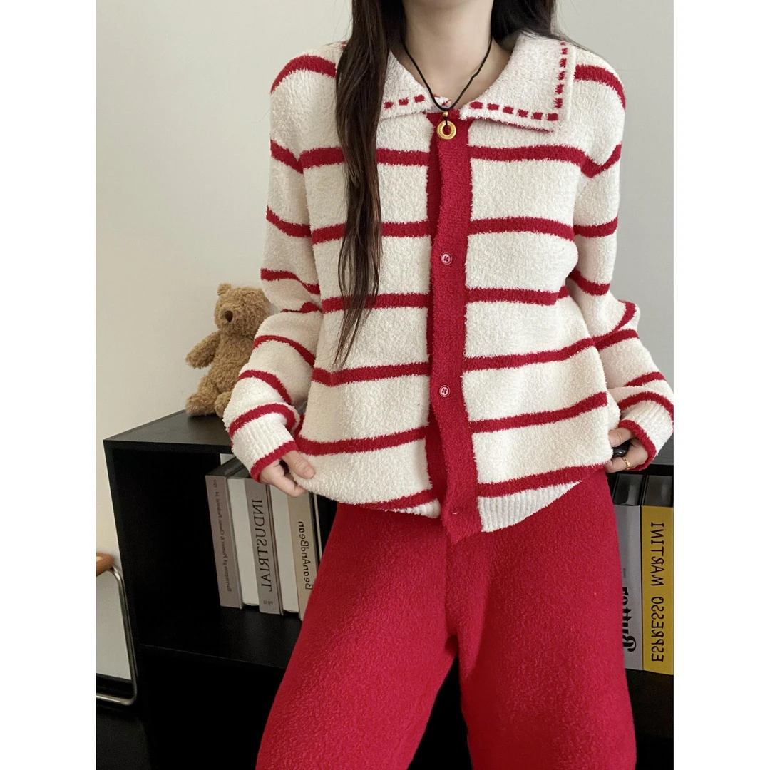 甜美简约条纹针织半边绒睡衣女秋冬新款加厚保暖家居服套装可外穿