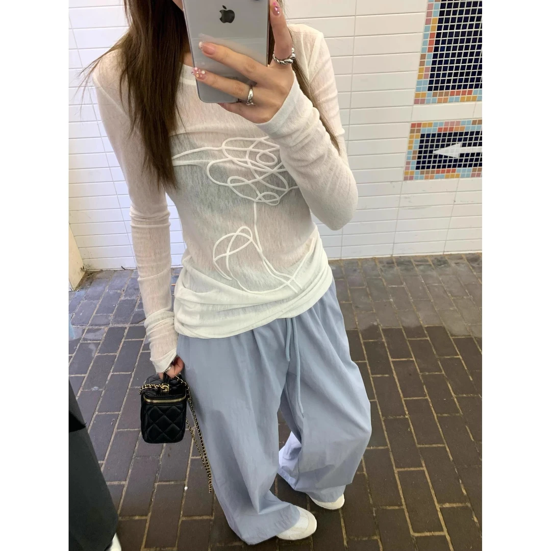 印花微透长袖T恤女夏百搭修身防晒上衣内搭