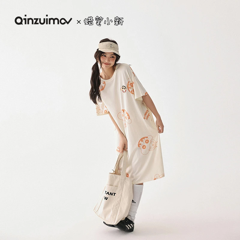 亲嘴猫【蜡笔小新】春夏季圆领短袖睡衣女生莫代尔棉卡通睡裙家居服