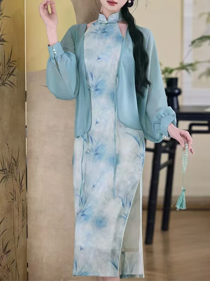 中国风春夏碎花连衣裙开衫两件套复古气质长裙夏季中式古风时尚