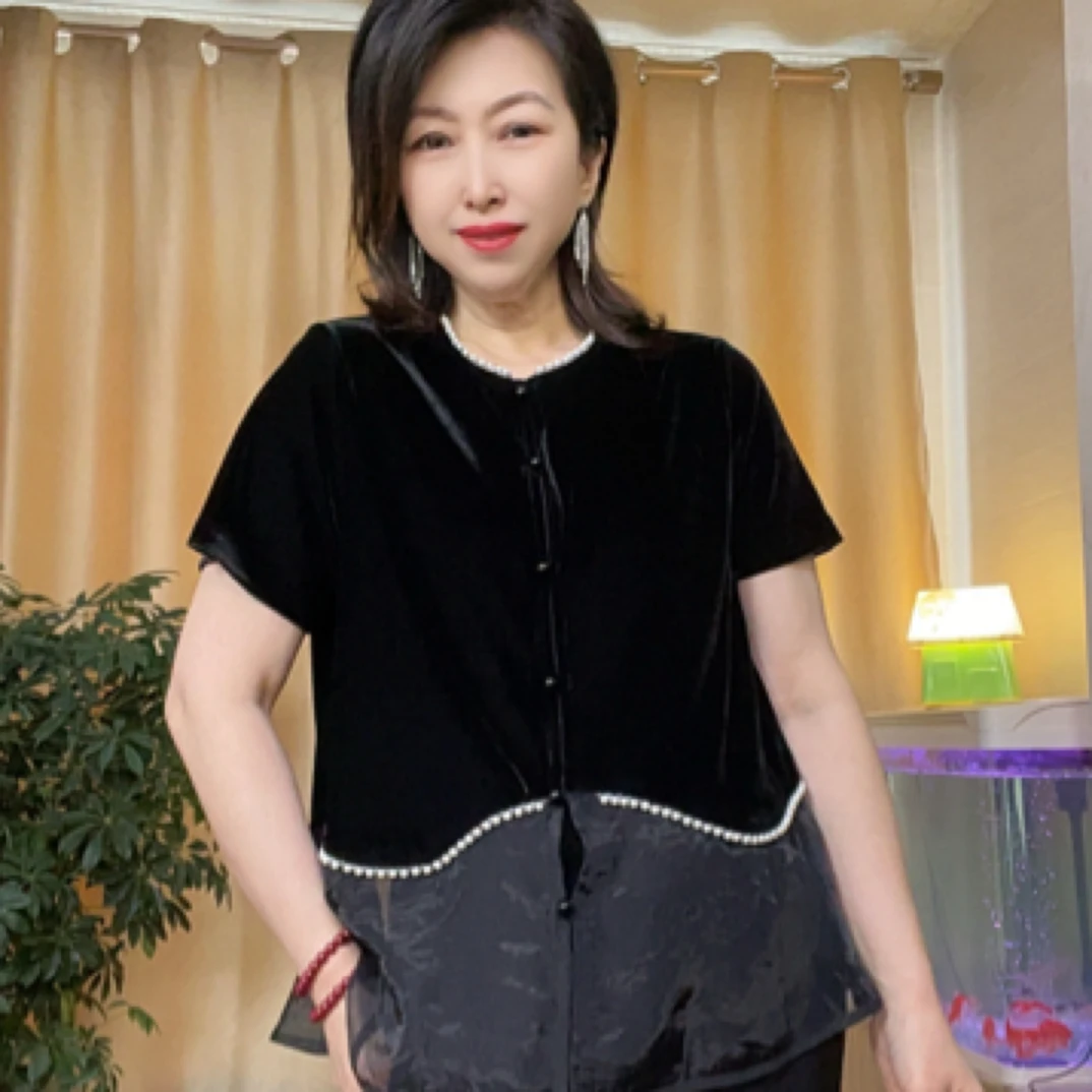 原创轻奢夏季丝绒重工串珠时尚修身显瘦百搭款半袖