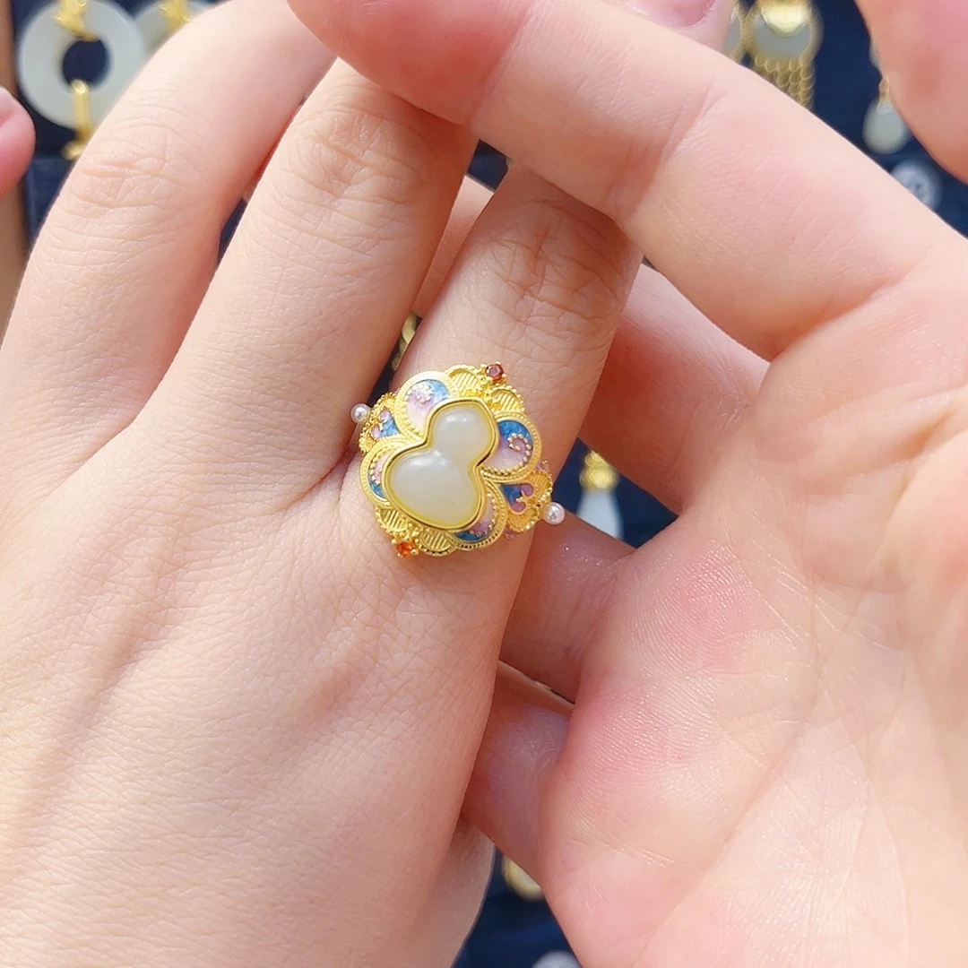 和田玉银S925镀金镶嵌戒指