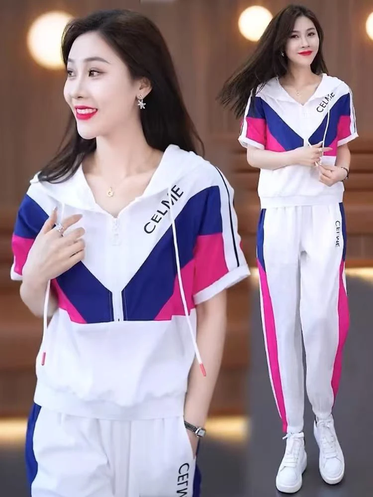 女士夏季显瘦洋气运动服连帽短袖九分裤拼接套装