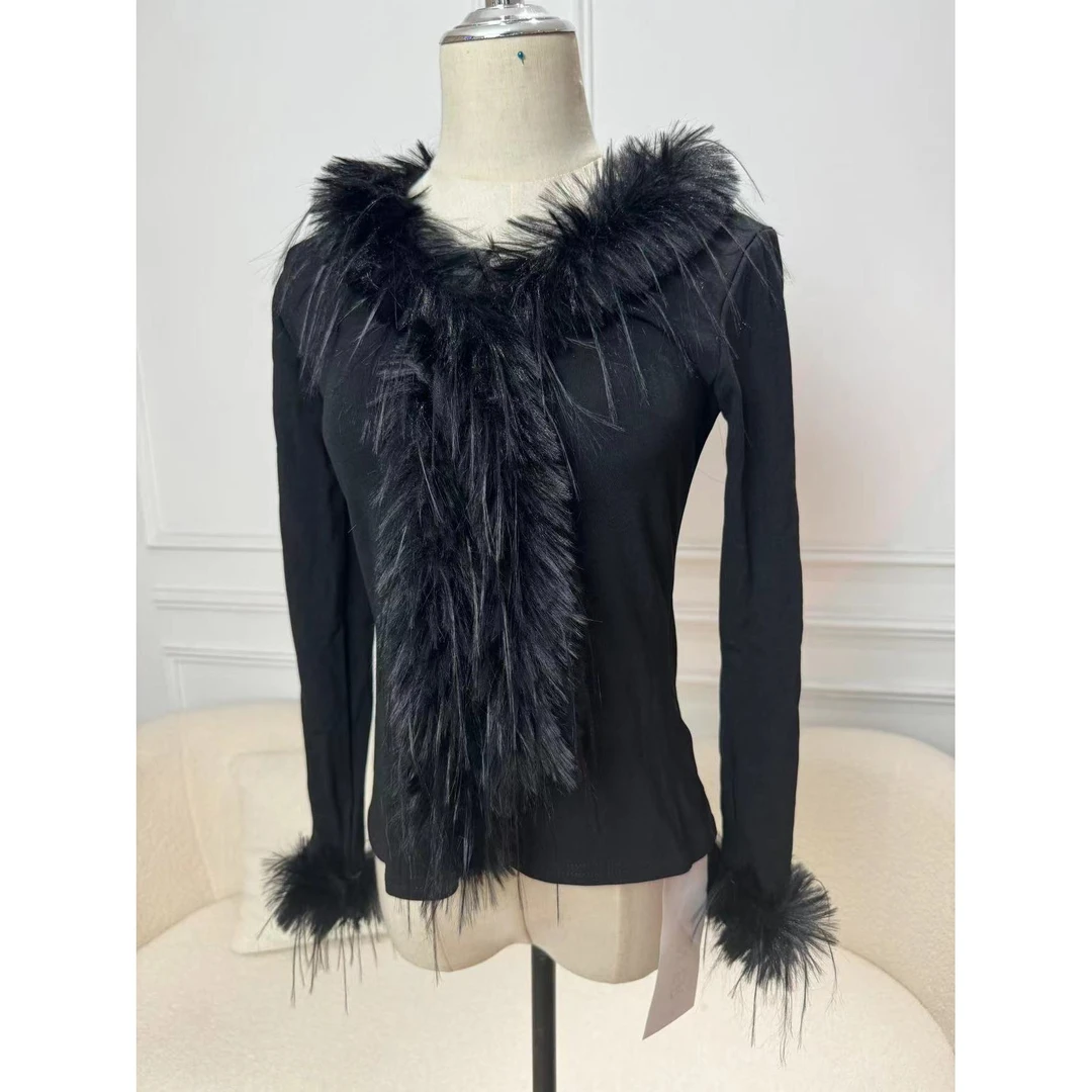 82179 冬季设计感气质v领毛边氛围感百搭毛毛袖