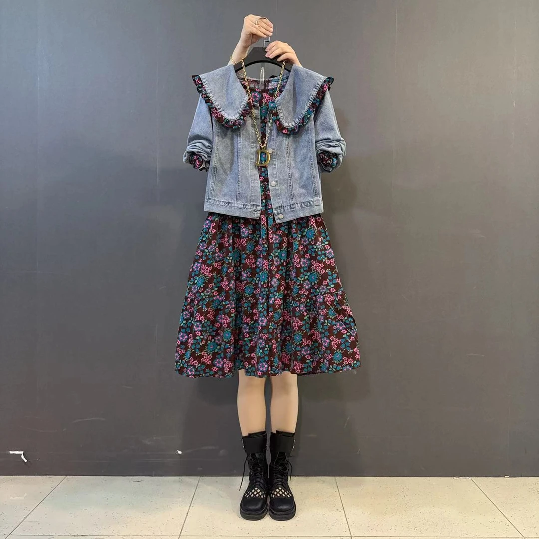 早春新款小清新碎花连衣裙牛仔外套胖MM洋气两件套