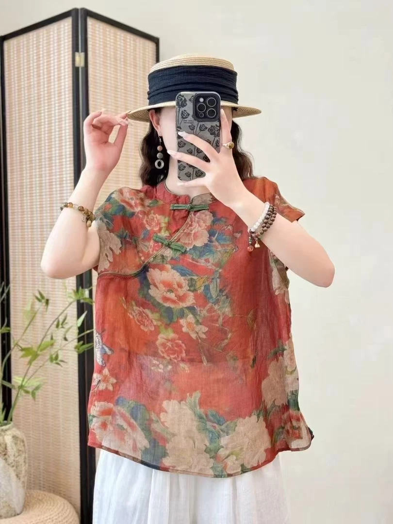 新品文艺复古风苎麻印花立领斜襟盘扣小飞袖套头衬衫